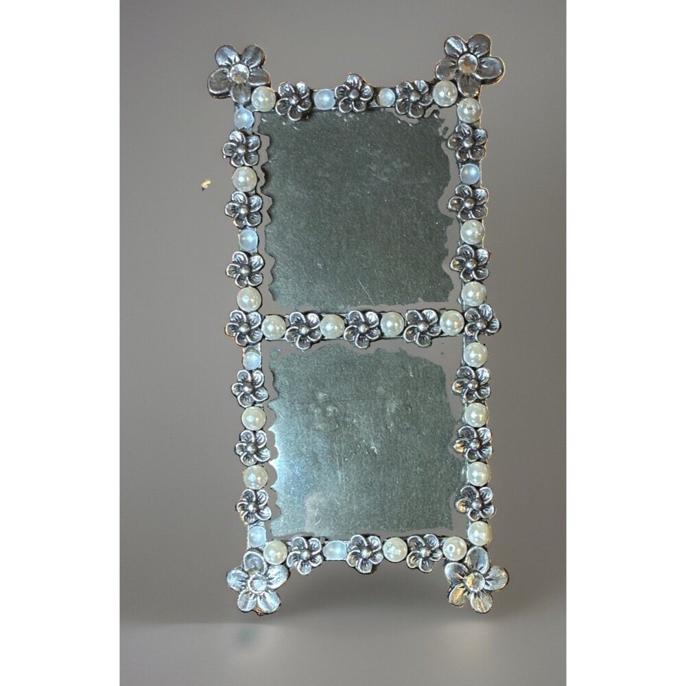 Silver Tone Metal Floral and Pearl Double 2x2 Tabletop Photo Frame Freestanding